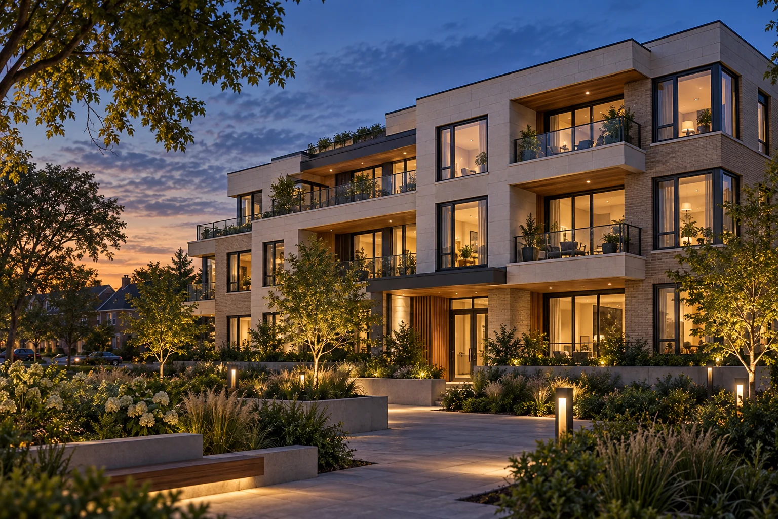 Apartment building with a landscaped courtyard